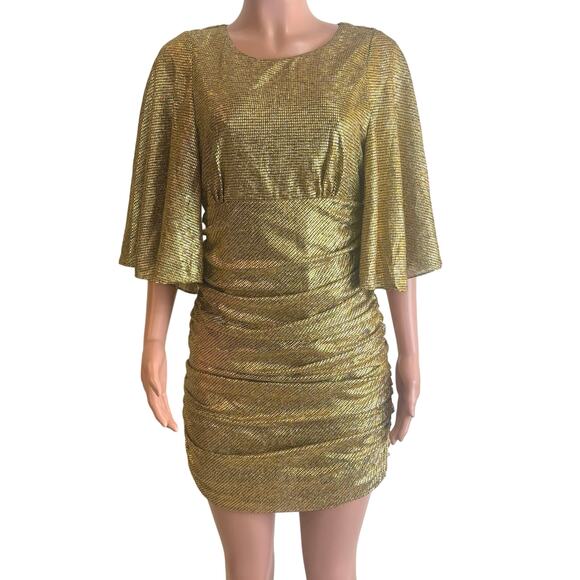 Shona Joy Cleo Circle Sleeve Ruched Mini Dress Womens 8 Gold Metallic Crepe - Picture 3 of 16